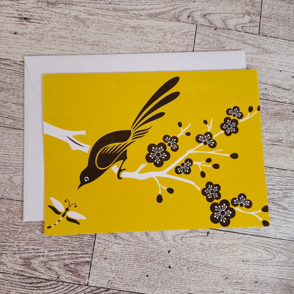 Bird Dragonfly Greeting Card Blank Note Stationery Yellow Black Any Occasion